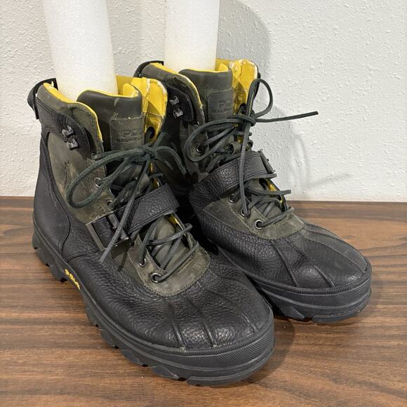 Polo Ralph Lauren Huntswood Boots Mens 13 Black Green Leather Hiking Work Buckle